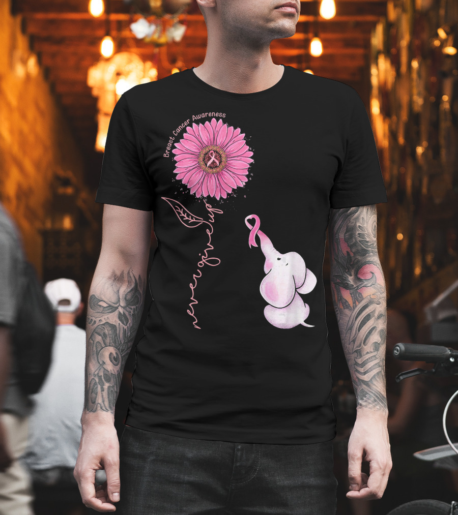 Breast Cancer Awareness Never Give Up Pink Ribbon Sunflower Elephant T-Shirt