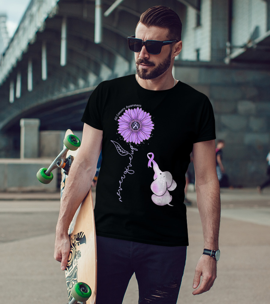 Never Giving Up All Cancers Awareness Sunflower Elephant T-Shirt