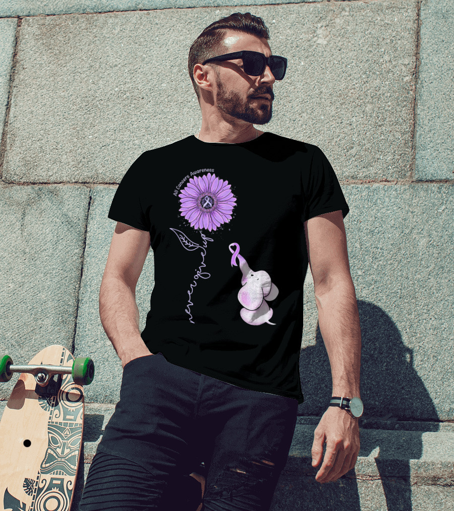 Never Giving Up All Cancers Awareness Sunflower Elephant T-Shirt