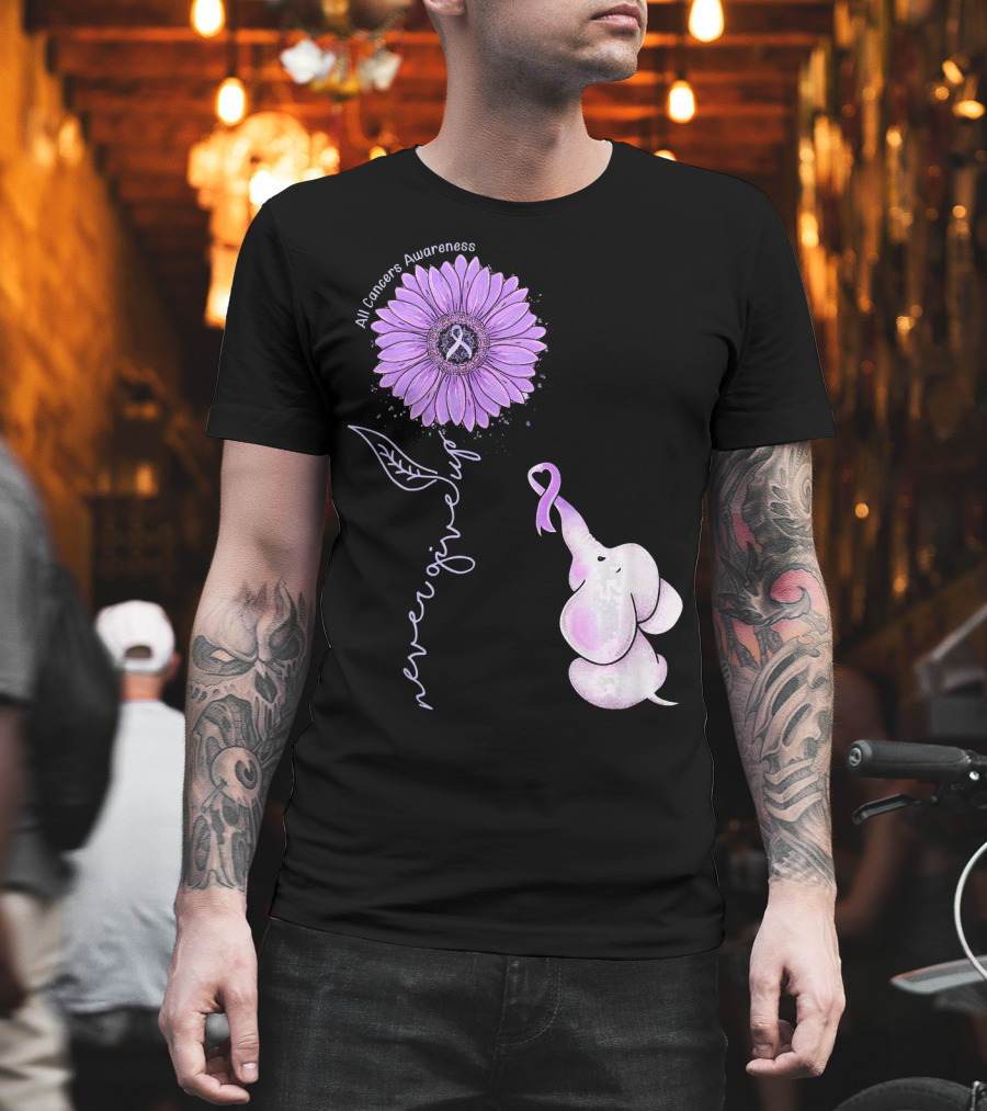 Never Giving Up All Cancers Awareness Sunflower Elephant T-Shirt