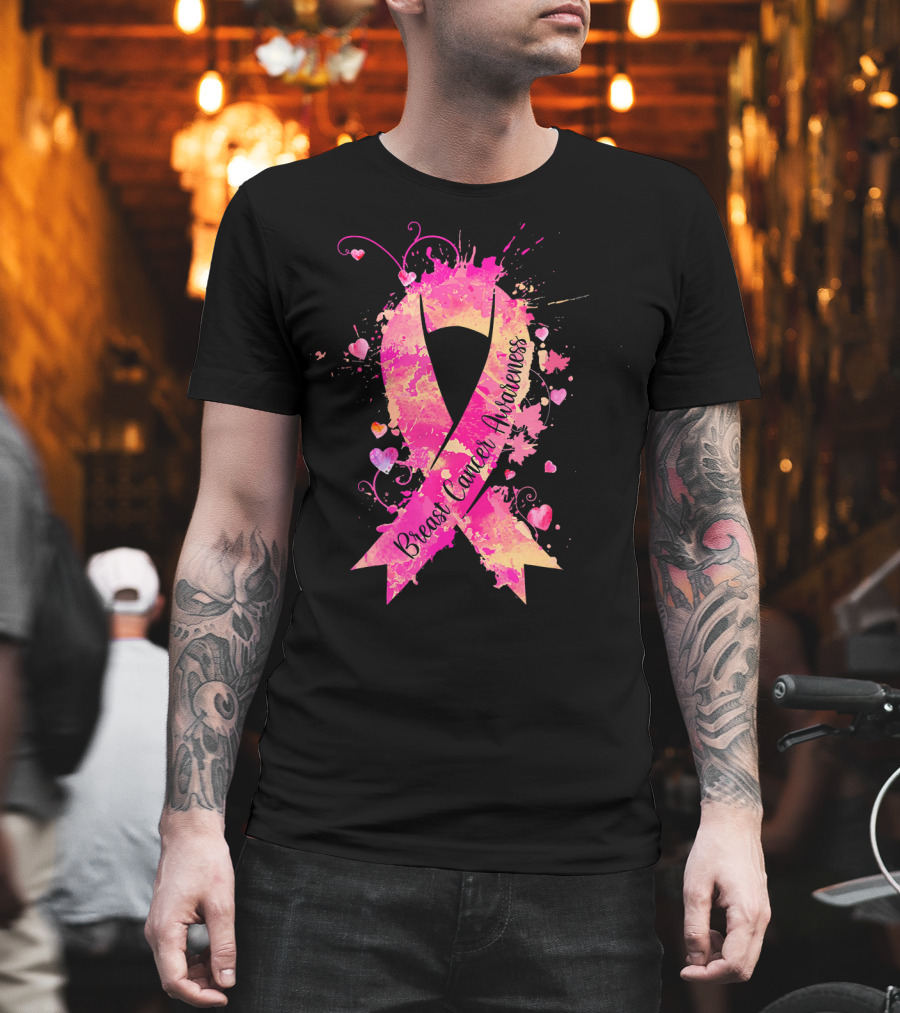 Breast Cancer Awareness Pink Ribbon Hearts and Splash T-Shirt