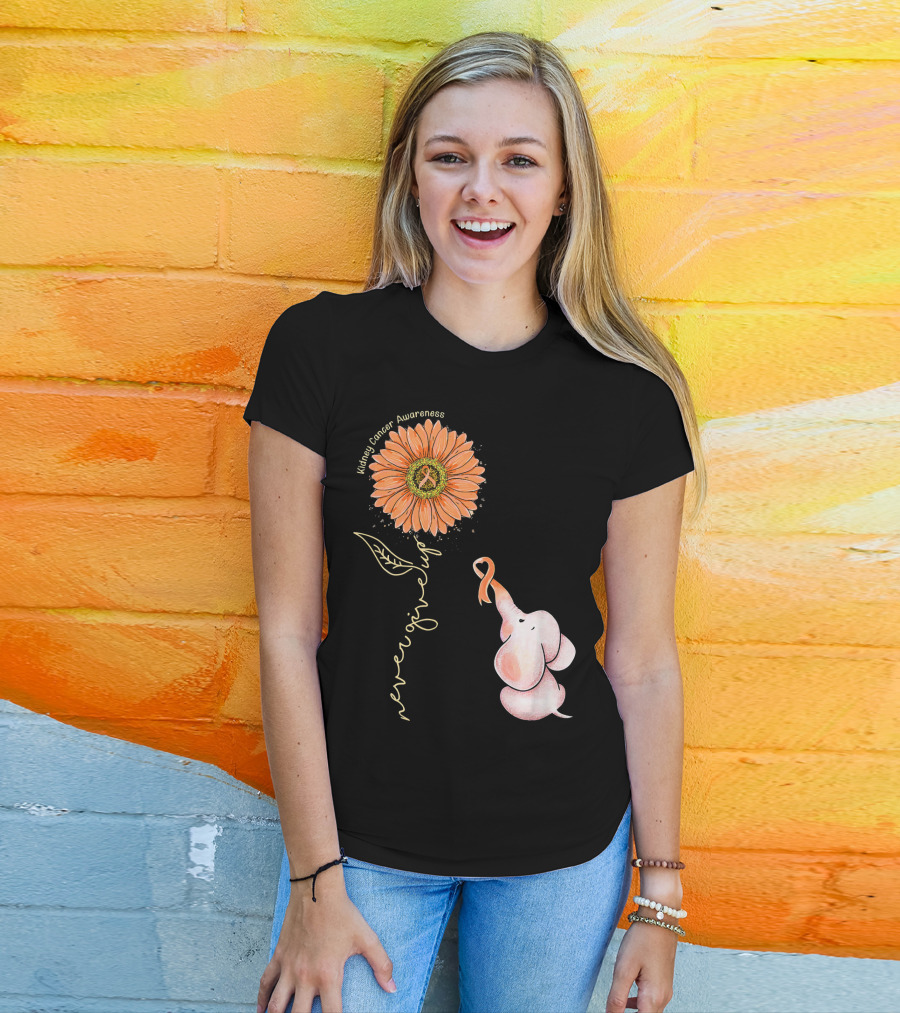 Kidney Cancer Awareness Sunflower Elephant Never Give Up T-Shirt