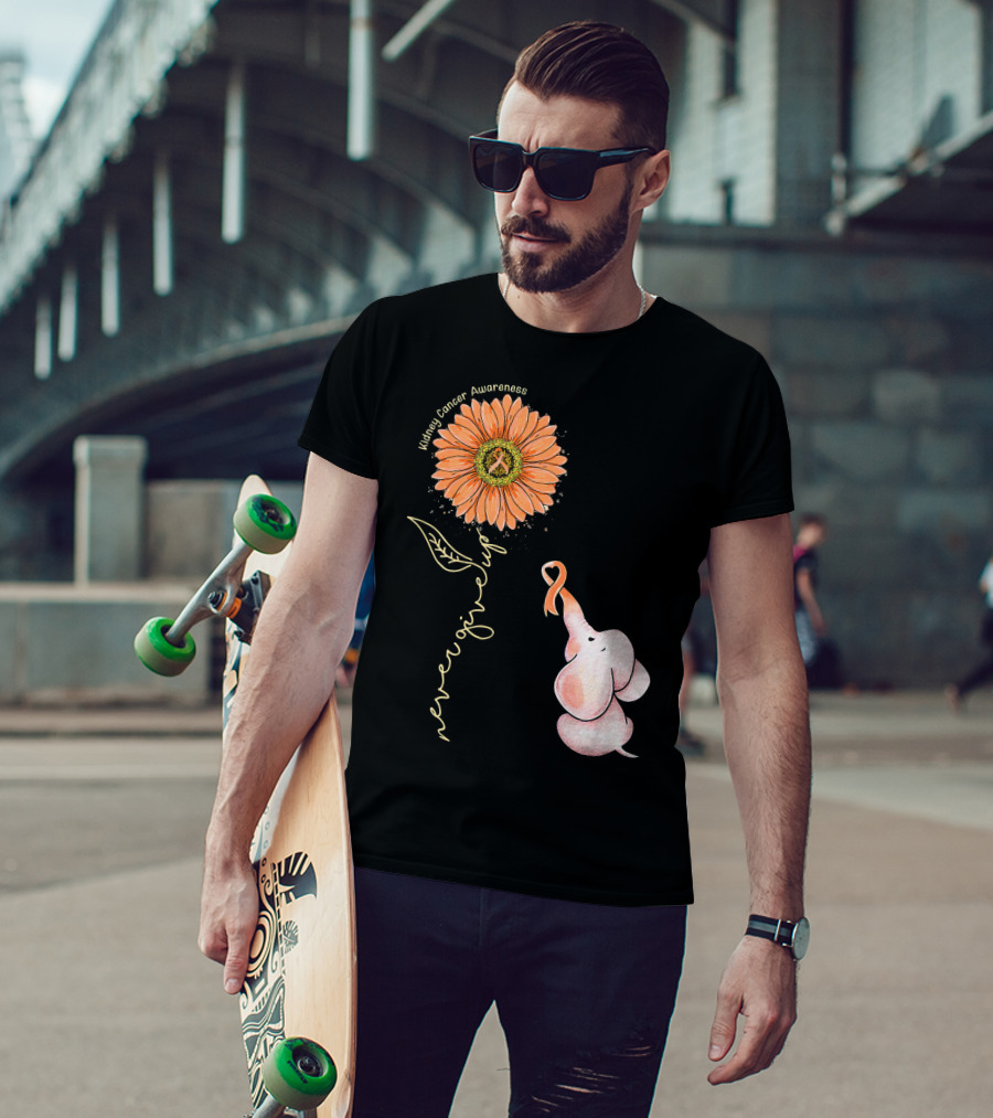 Kidney Cancer Awareness Sunflower Elephant Never Give Up T-Shirt