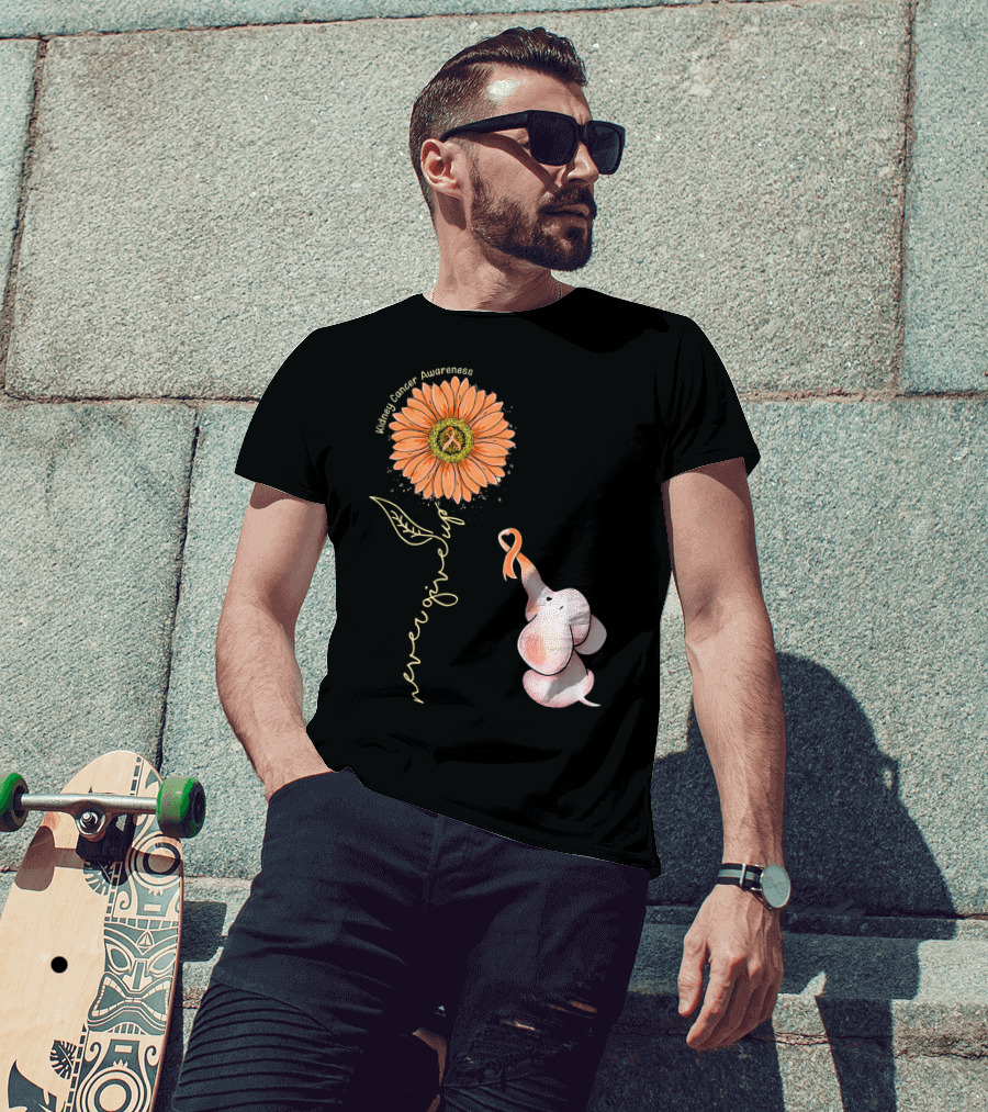 Kidney Cancer Awareness Sunflower Elephant Never Give Up T-Shirt