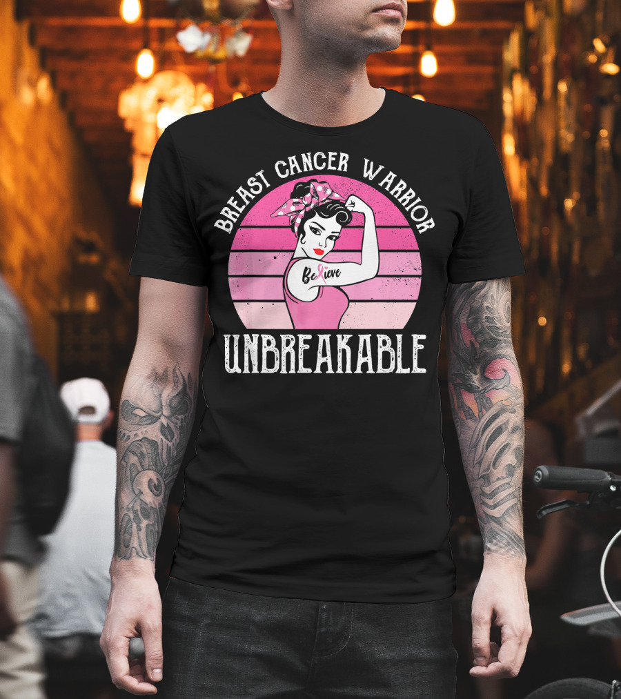 Breast Cancer Warrior Believe Unbreakable Retro Sunset T-Shirt