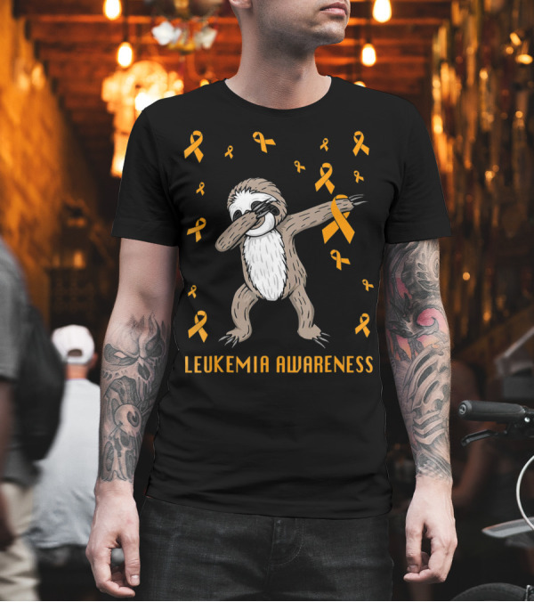 Leukemia Awareness Dabbing Sloth with Orange Ribbons T-Shirt Leukemia Awareness Dabbing Sloth with Orange Ribbons T-Shirt