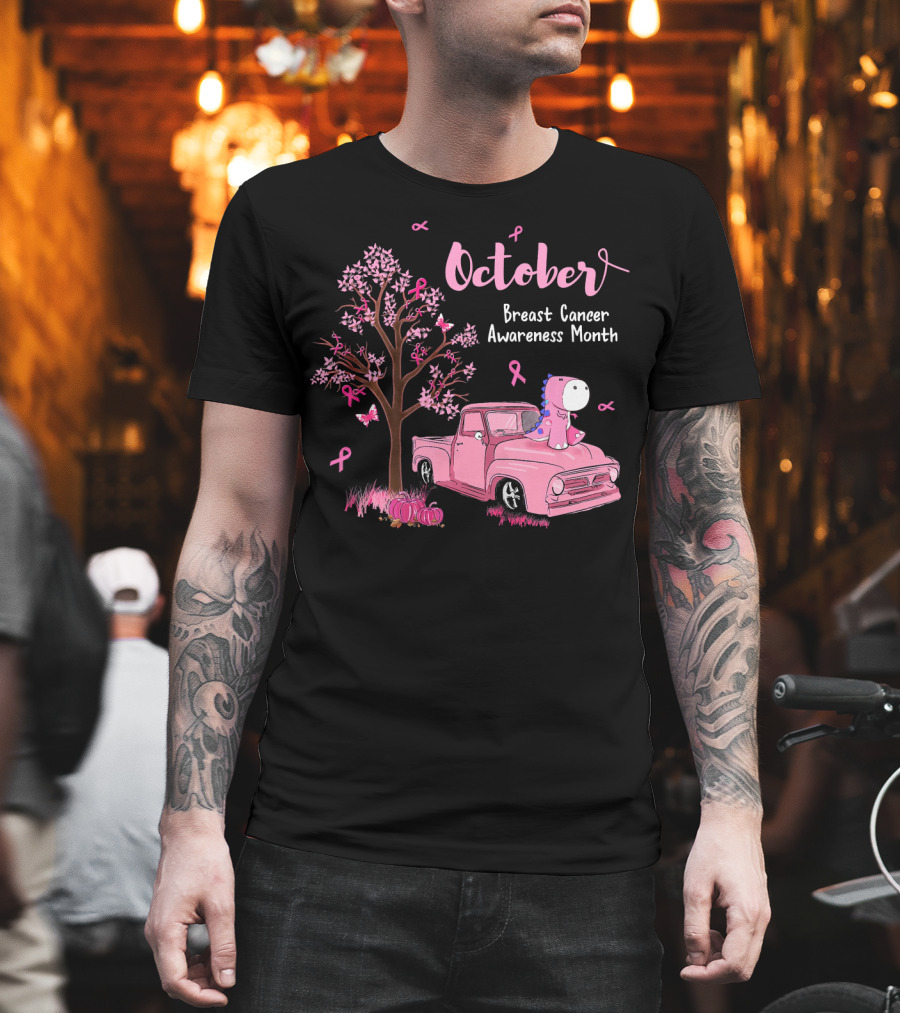October Pink Ribbon Pumpkin Truck Dinosaur Breast Cancer Awareness Month T-Shirt