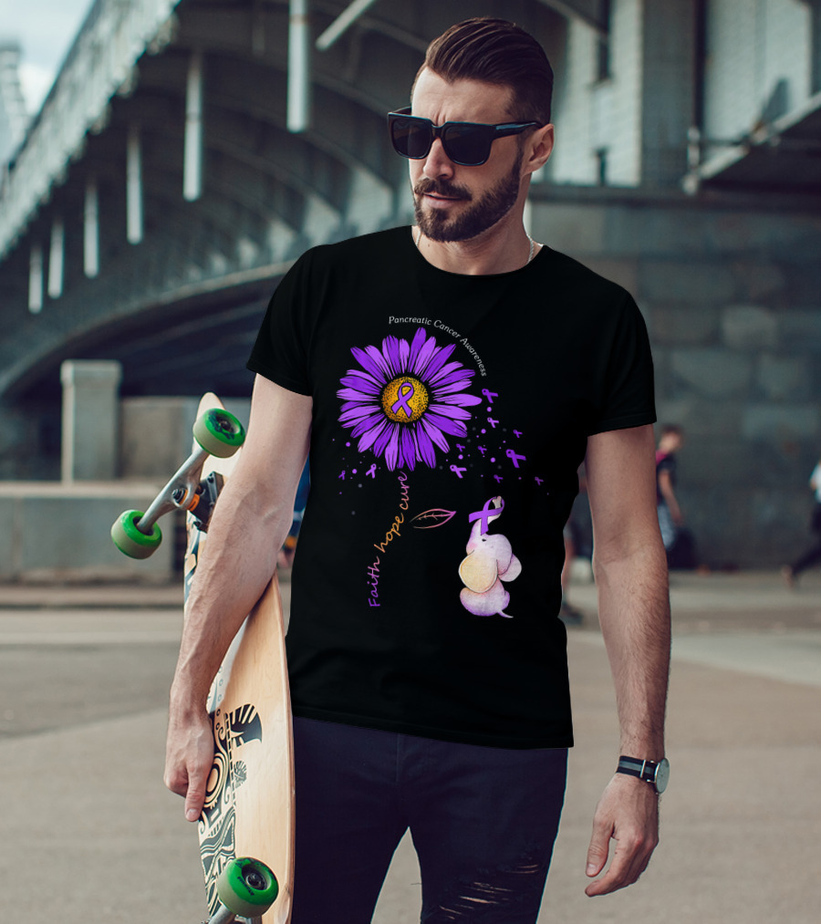Faith Hope Cure Purple Daisy Flower Pancreatic Cancer Awareness T-Shirt