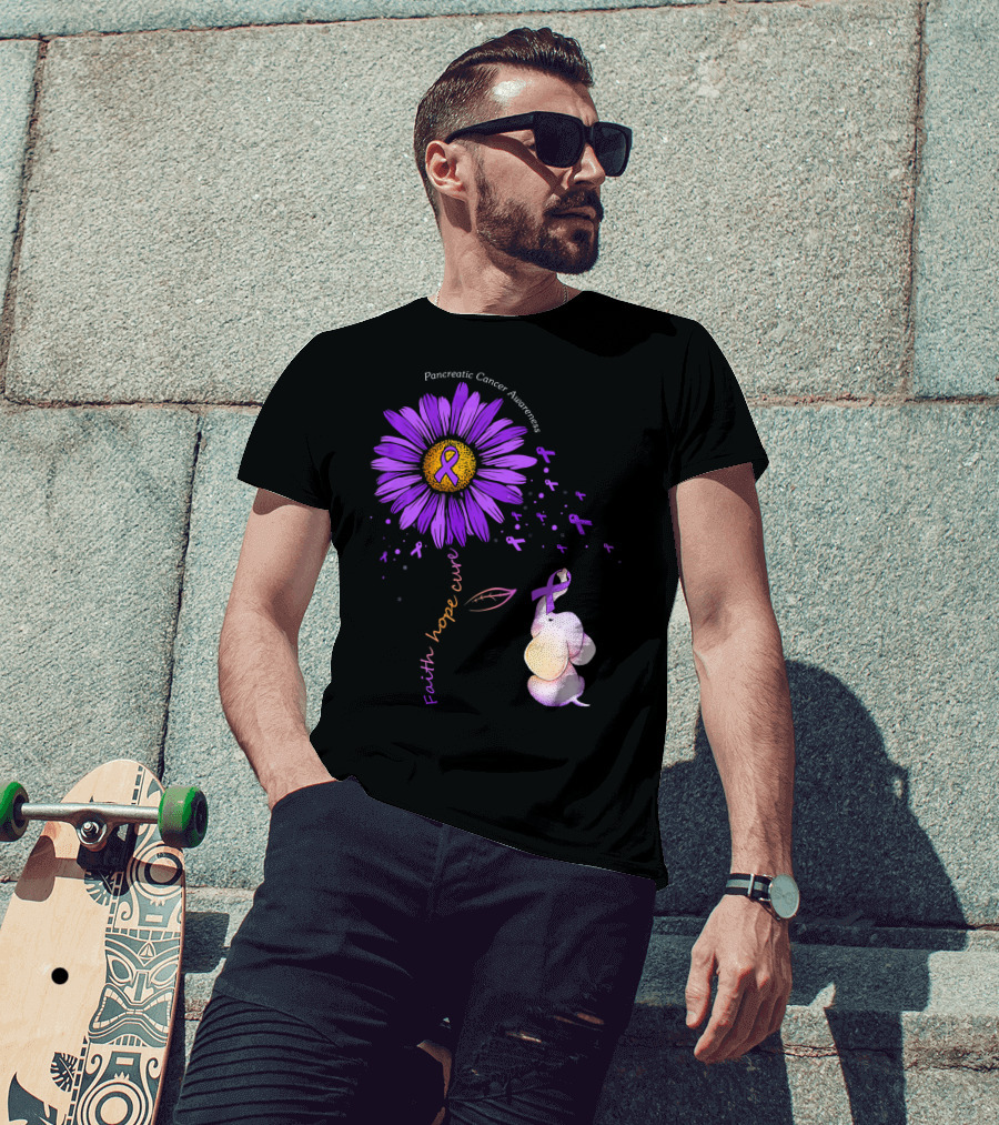 Faith Hope Cure Purple Daisy Flower Pancreatic Cancer Awareness T-Shirt
