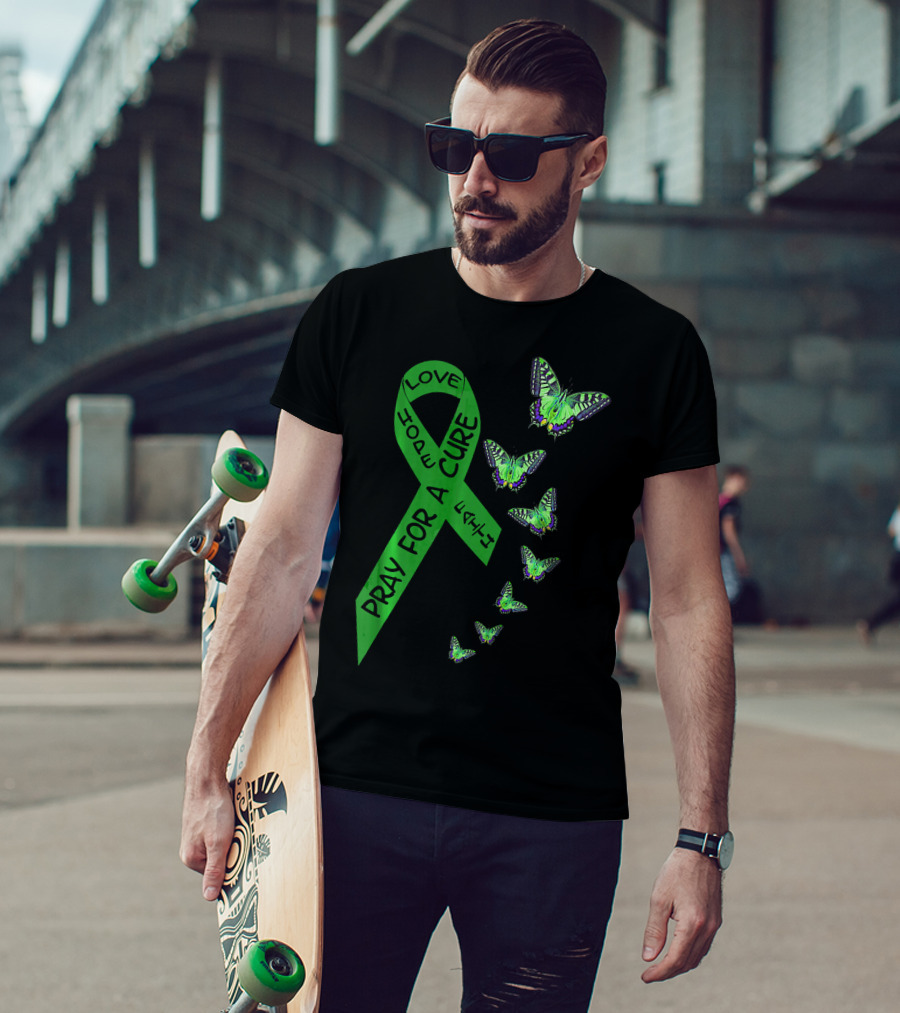 Liver Cancer Awareness Green Ribbon Pray For A Cure Hope Faith Love Butterflies T-Shirt