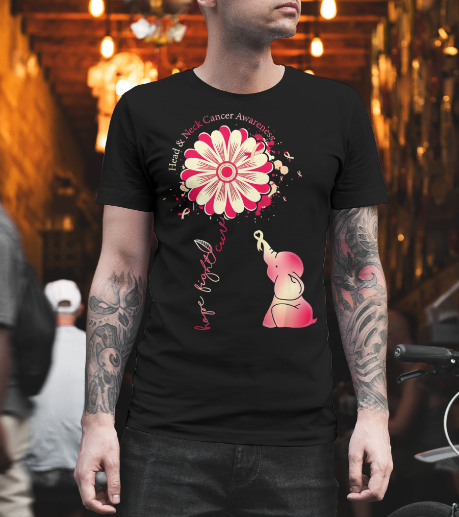 Head and Neck Cancer Awareness White and Burgundy Ribbon Hope Fight Cure Elephant Flower T-Shirt