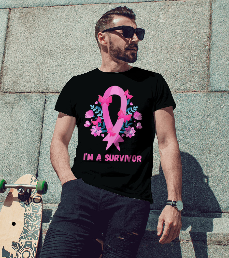 I'm A Survivor Pink Ribbon Butterfly Floral Breast Cancer T-Shirt
