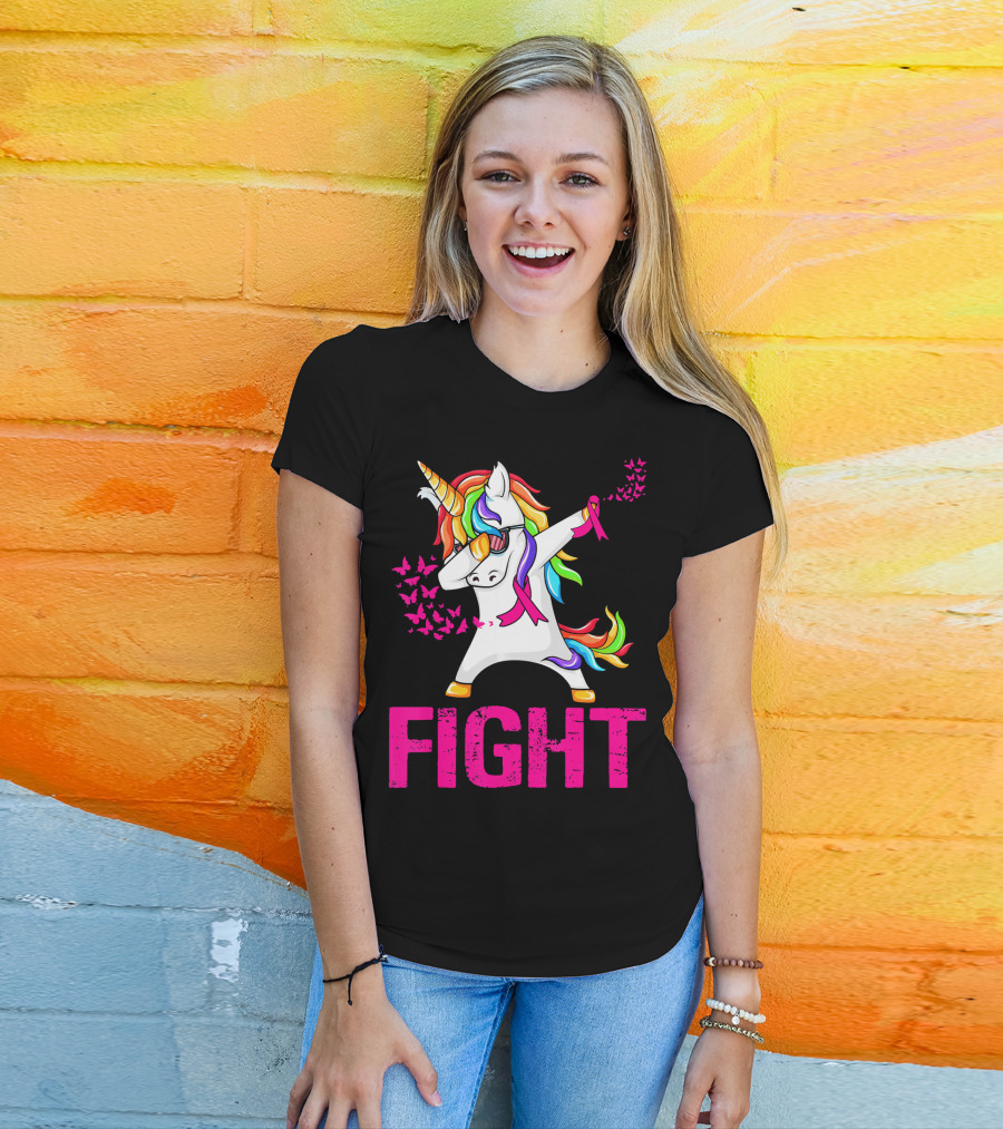Fight Breast Cancer Awareness Unicorn Dabbing With Rainbow Mane And Butterflies T-Shirt