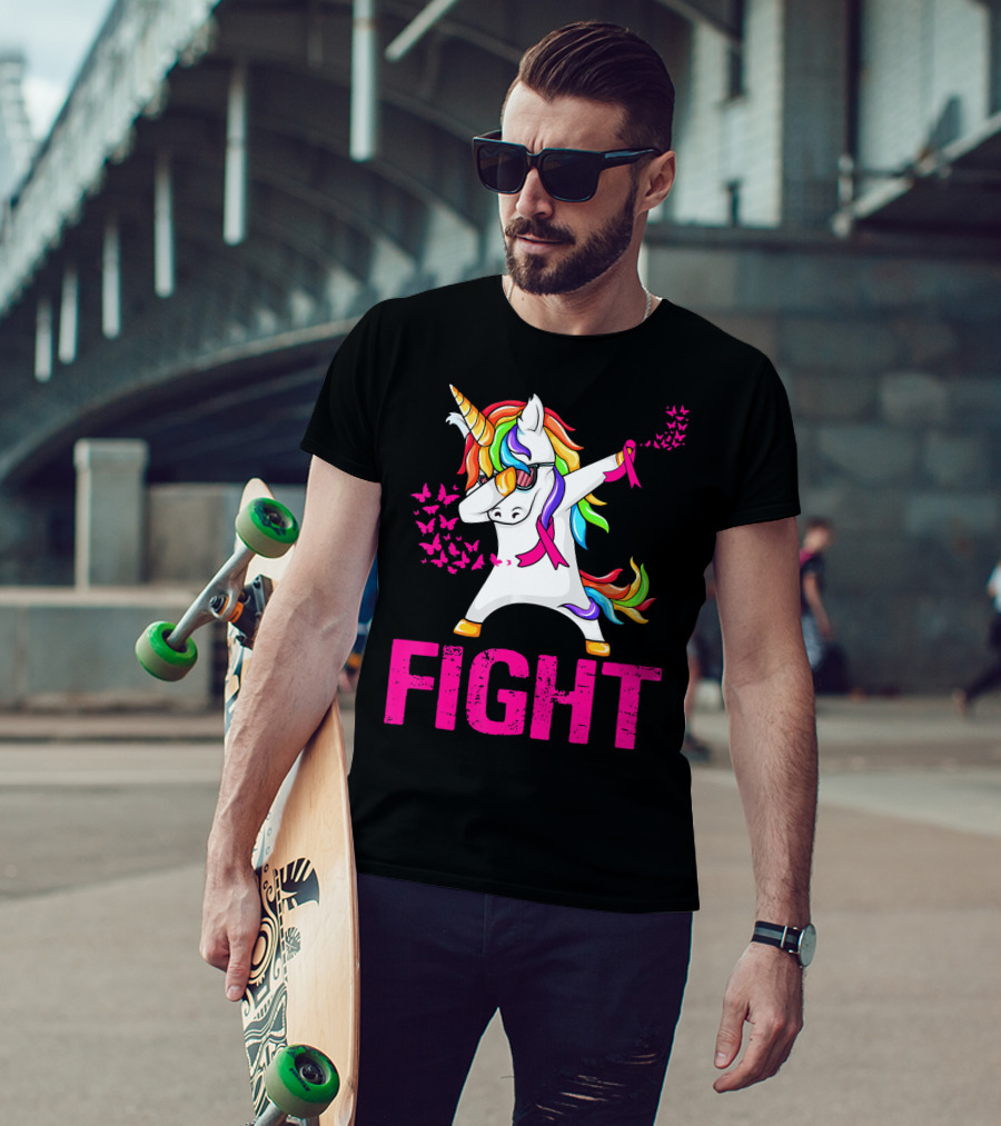 Fight Breast Cancer Awareness Unicorn Dabbing With Rainbow Mane And Butterflies T-Shirt