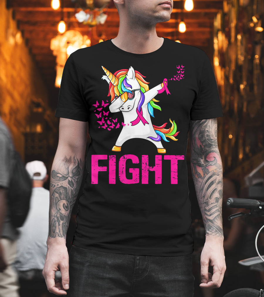 Fight Breast Cancer Awareness Unicorn Dabbing with Rainbow Mane and Butterflies T-Shirt