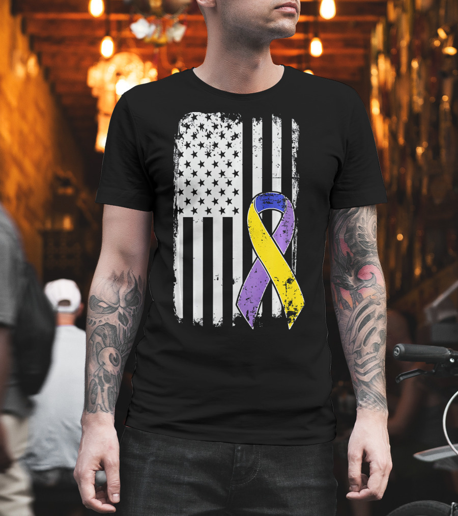 Bladder Cancer Awareness Distressed American Flag Purple Gold T-Shirt