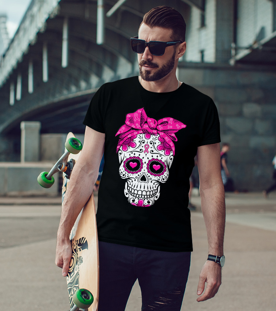 Sugar Skull With Pink Bow And Breast Cancer T-Shirt