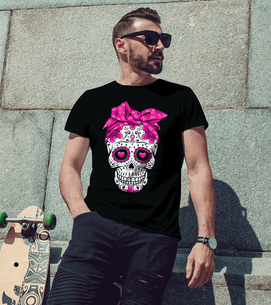 Sugar Skull With Pink Bow And Breast Cancer T-Shirt