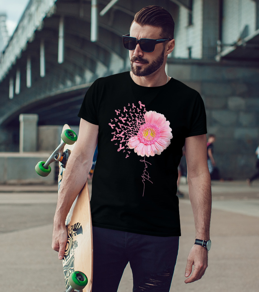 Faith Pink Ribbon Daisy Flower Breast Cancer Awareness T-Shirt
