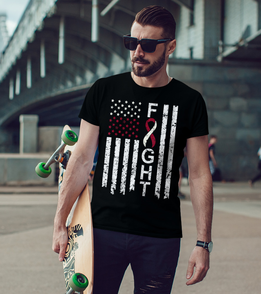 Head And Neck Cancer Awareness Fight Ribbon American Flag T-Shirt