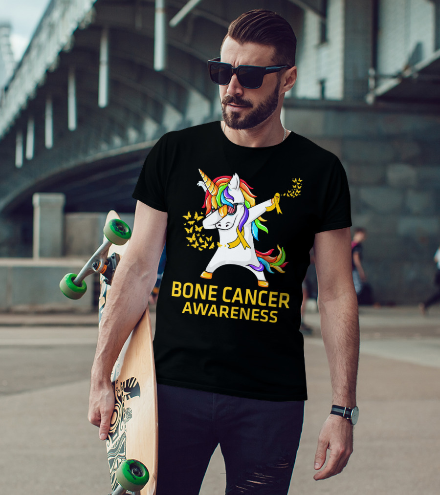 Bone Cancer Awareness Unicorn Dab With Yellow Ribbon Butterflies T-Shirt