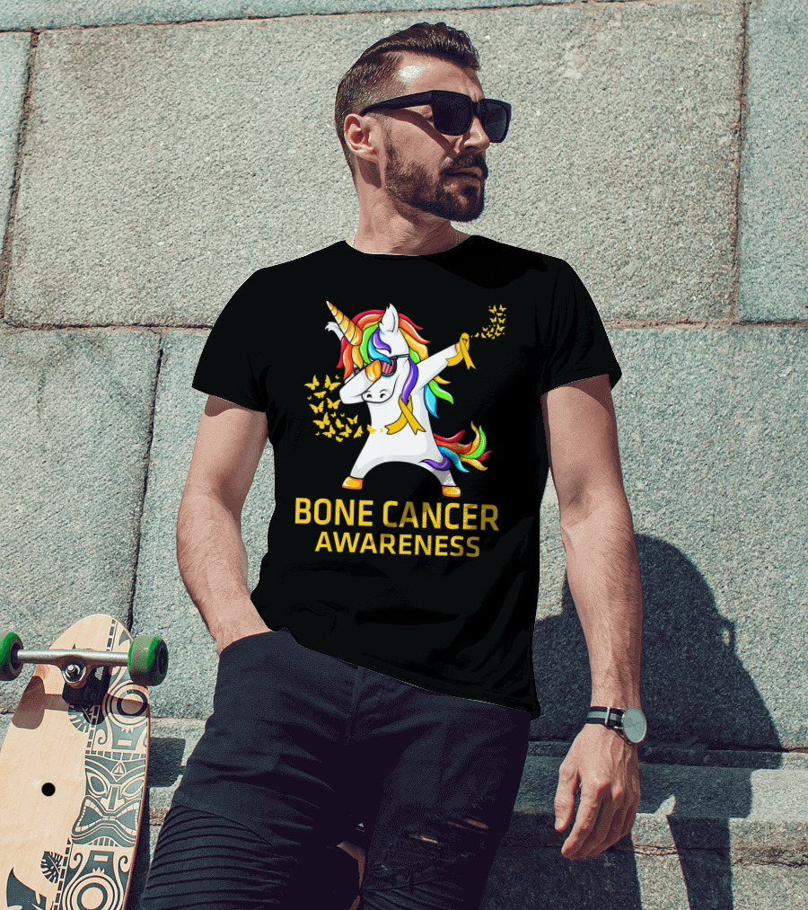 Bone Cancer Awareness Unicorn Dab With Yellow Ribbon Butterflies T-Shirt