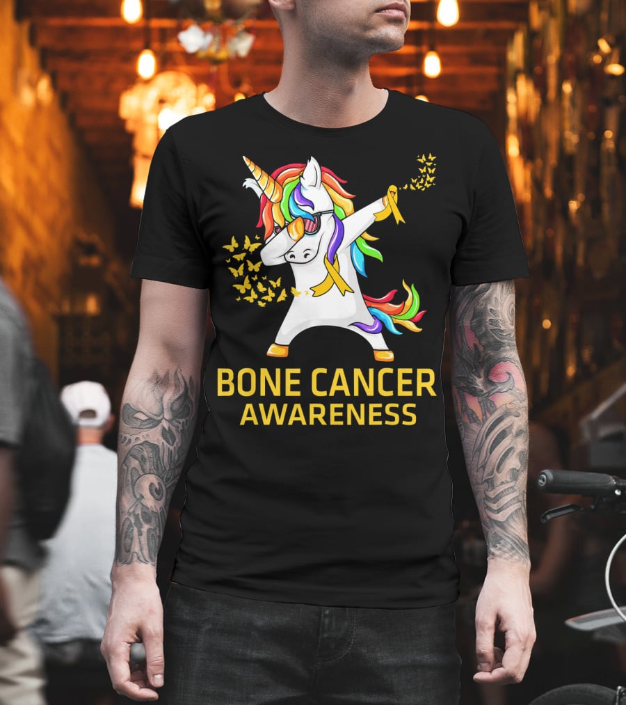 Bone Cancer Awareness Unicorn Dab with Yellow Ribbon Butterflies T-Shirt