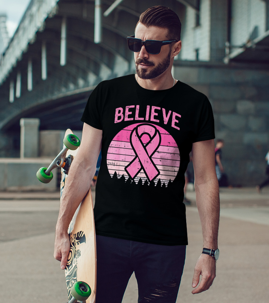 Believe Retro Sunset Pink Ribbon Breast Cancer Awareness T-Shirt