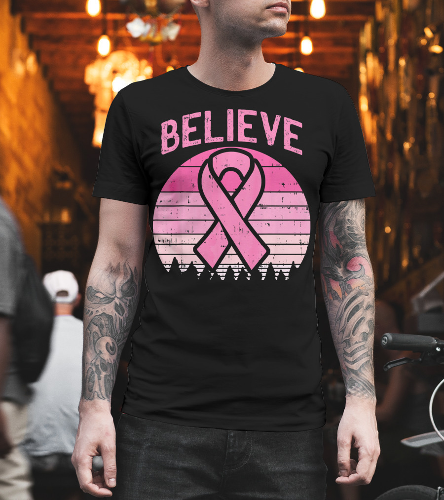 Believe Retro Sunset Pink Ribbon Breast Cancer Awareness T-Shirt