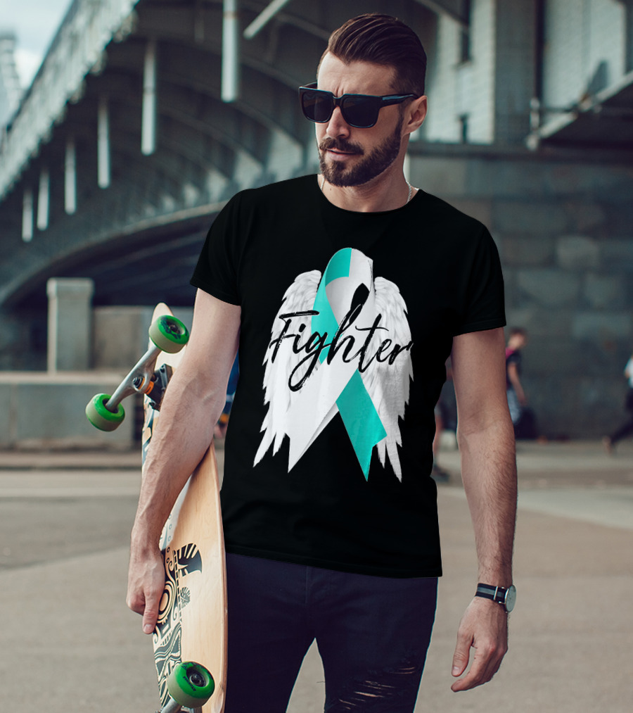 Cervical Cancer Fighter Teal Ribbon With Angel Wings T-Shirt