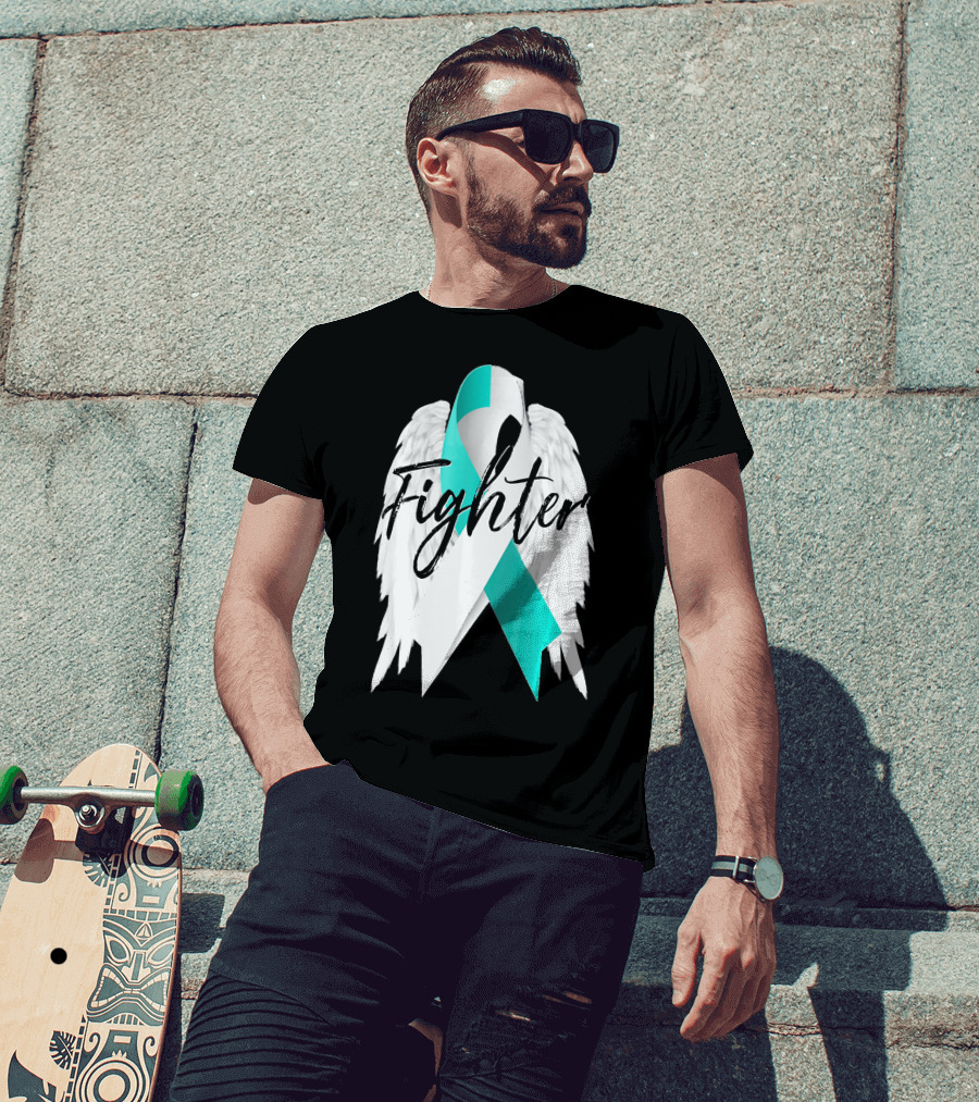 Cervical Cancer Fighter Teal Ribbon With Angel Wings T-Shirt
