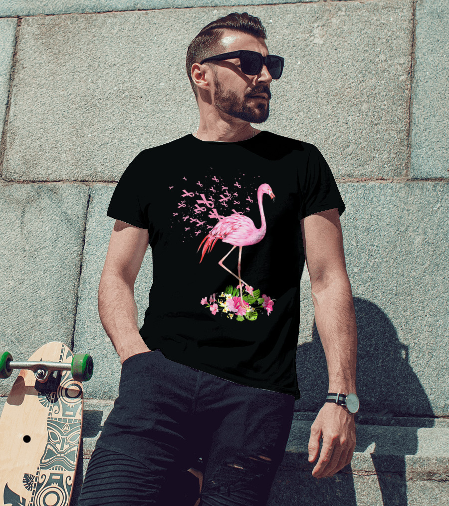 Flamingo With Pink Breast Cancer Ribbons And Floral Accents T-Shirt