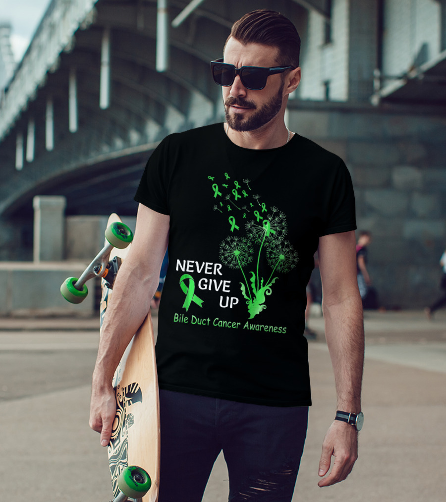 Never Give Up Bile Duct Cancer Awareness Dandelion Green Ribbons T-Shirt