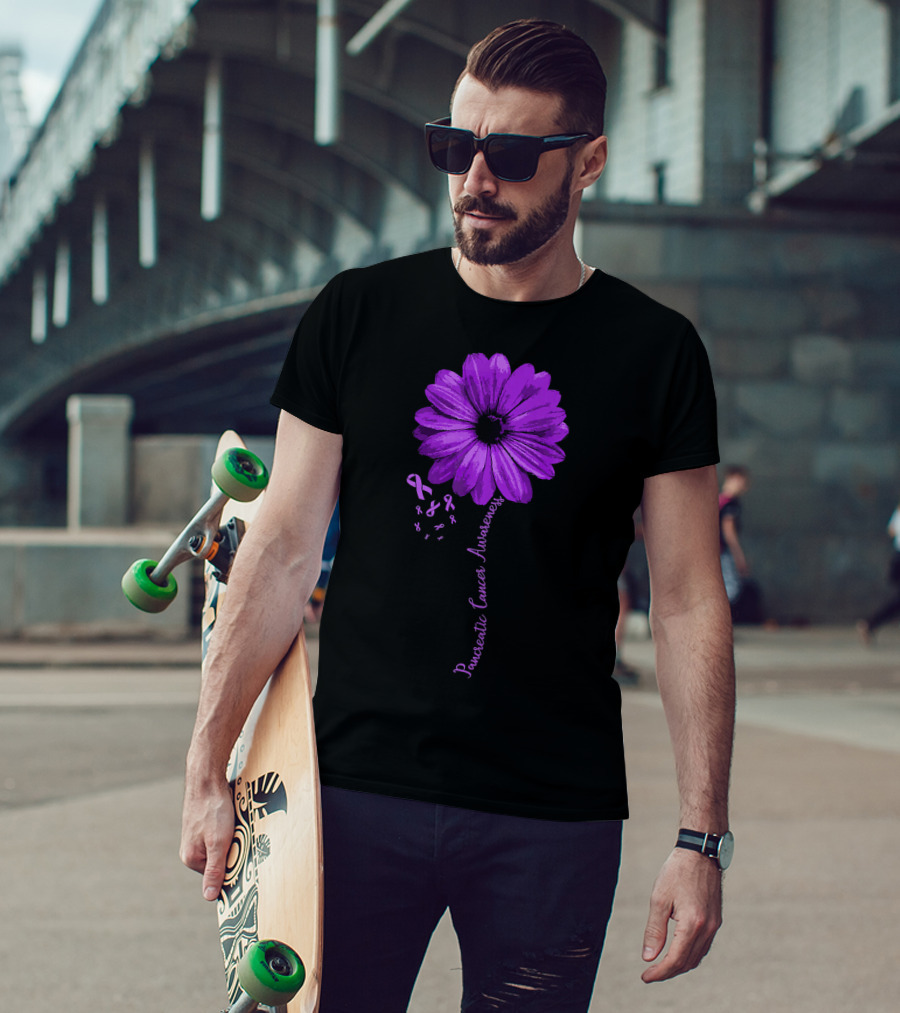 Pancreatic Cancer Awareness Purple Ribbon Purple Flower T-Shirt
