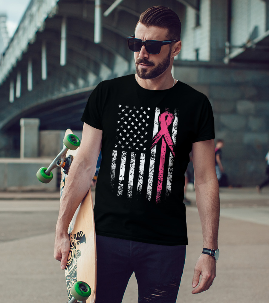 Breast Cancer Awareness American Flag Grunge T-Shirt