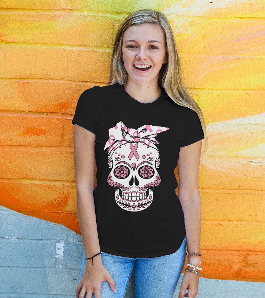 Day Of The Dead Skull With Pink Ribbon For Breast Cancer Awareness T-Shirt