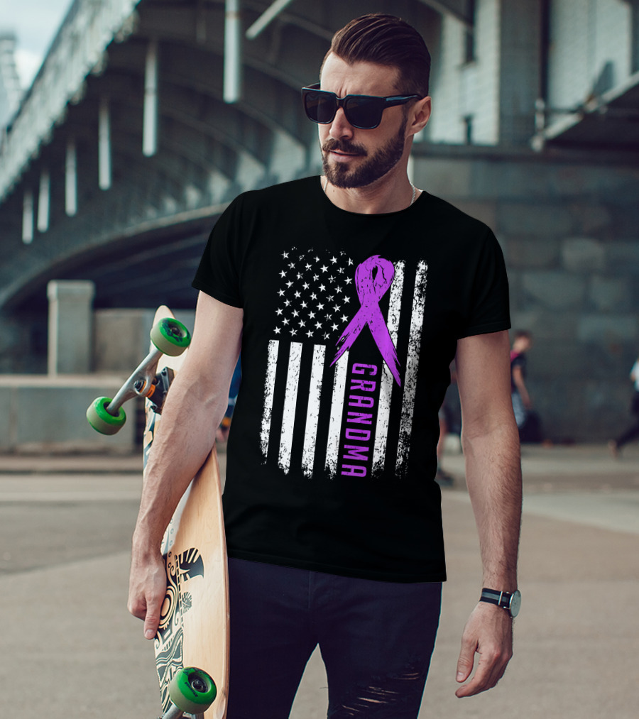 Grandma American Flag Purple Ribbon Pancreatic Cancer Awareness T-Shirt