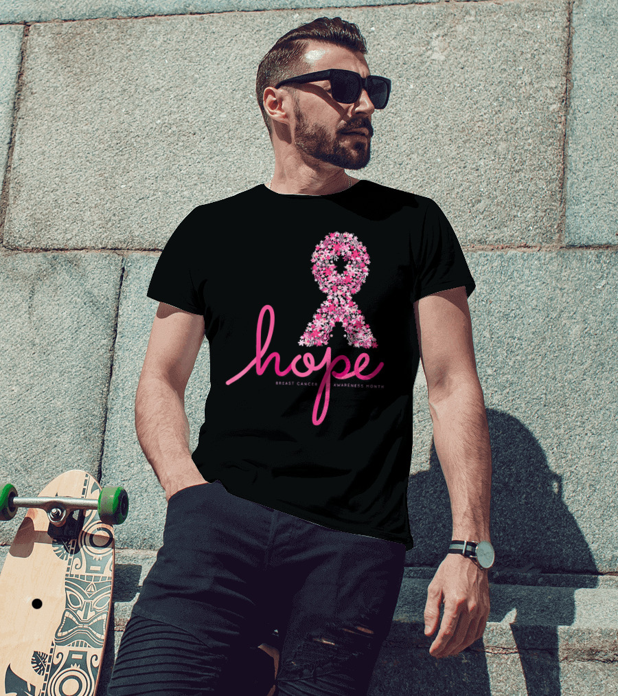 Hope Breast Cancer Awareness Month Pink Ribbon Floral T-Shirt