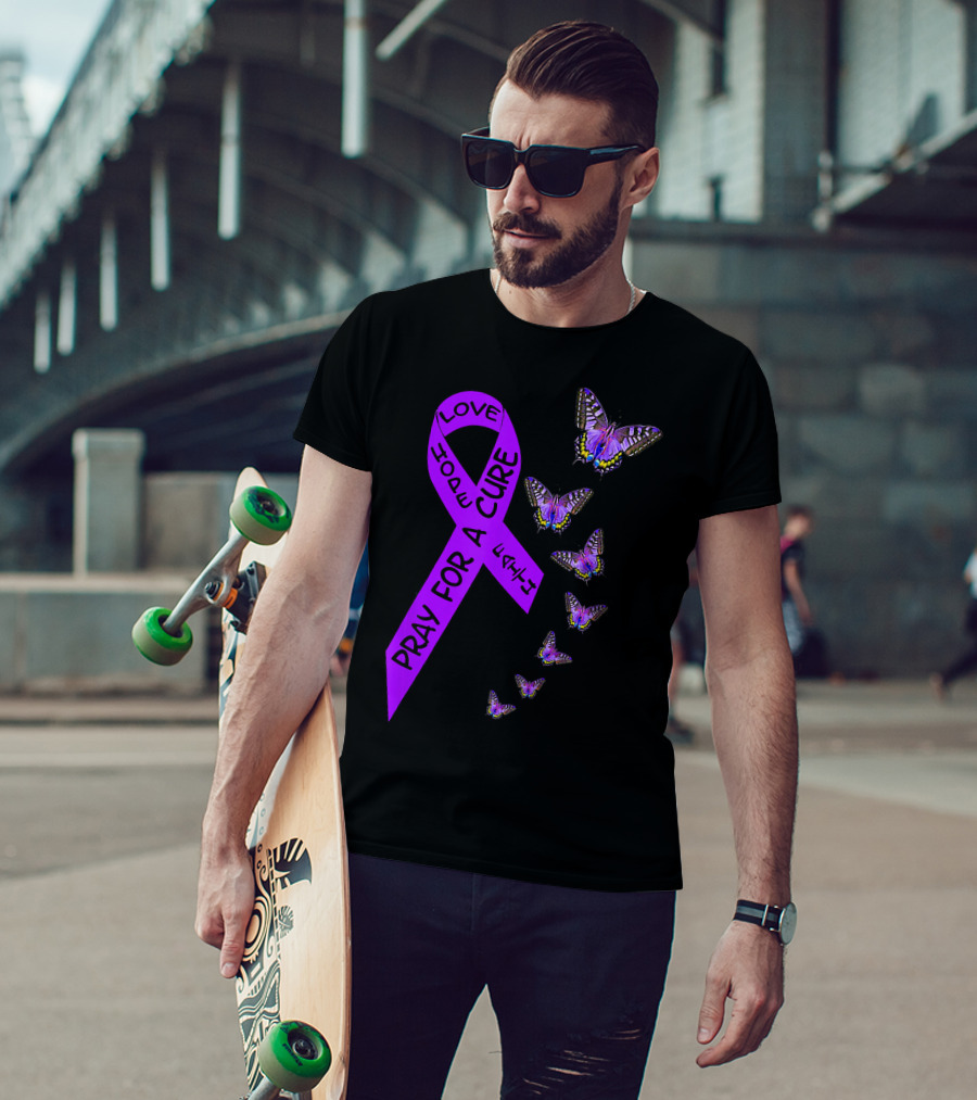 Pray For A Cure Love Hope Purple Ribbon Butterflies Pancreatic Cancer Awareness T-Shirt