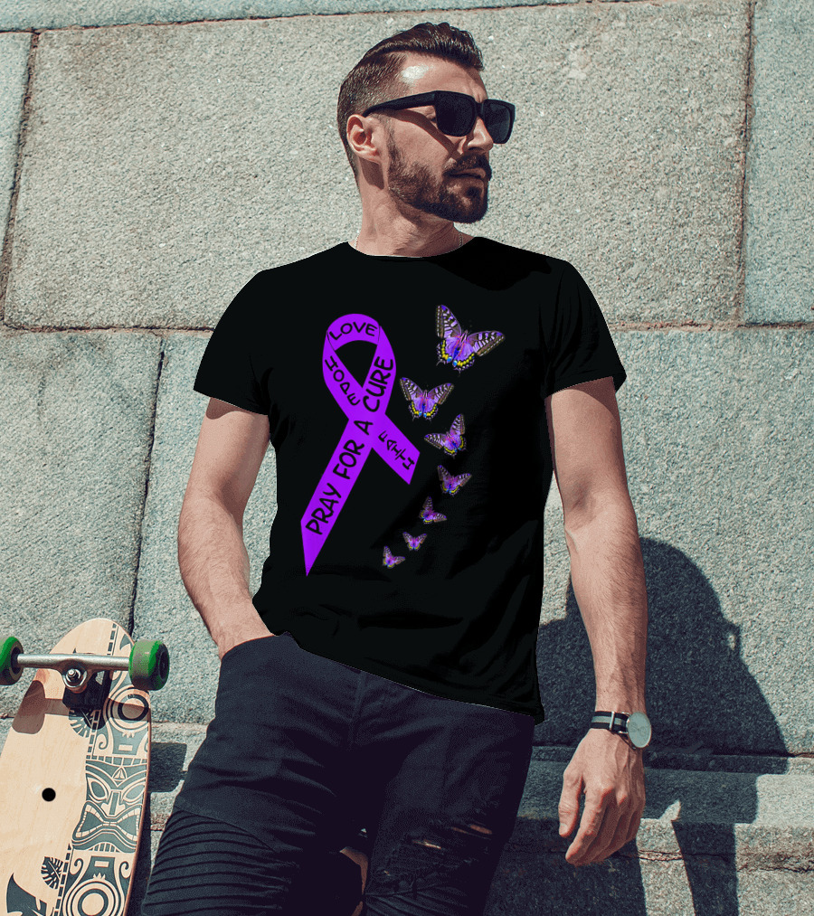 Pray For A Cure Love Hope Purple Ribbon Butterflies Pancreatic Cancer Awareness T-Shirt