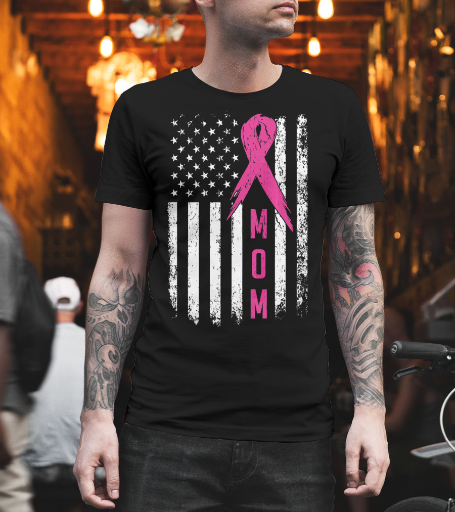 Mom Pink Ribbon American Flag Breast Cancer Awareness T-Shirt