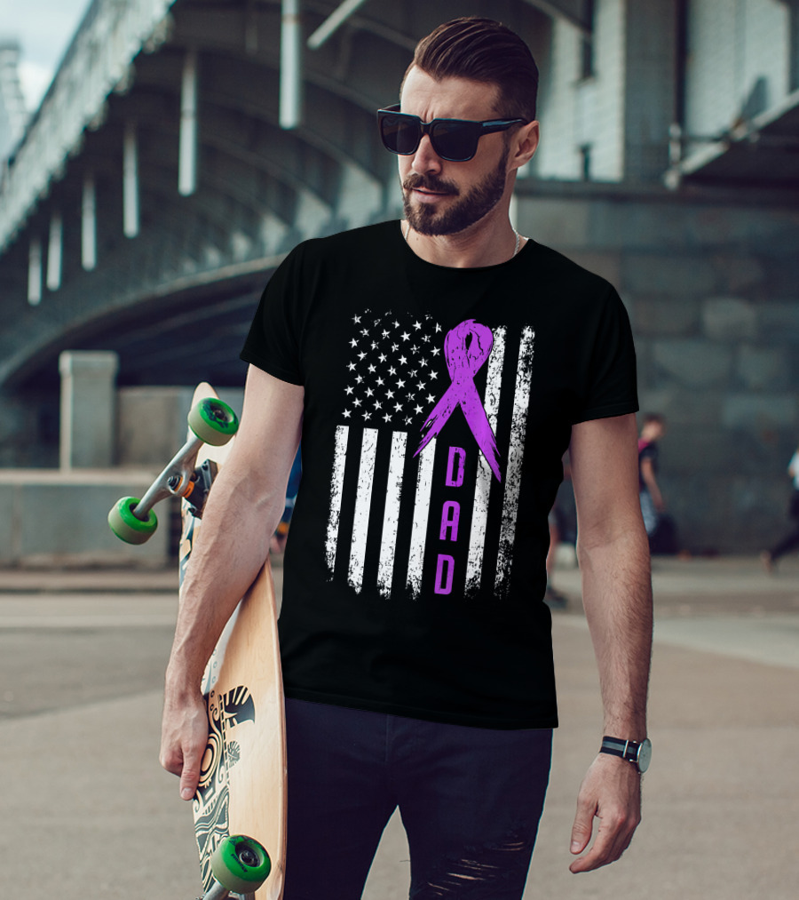 Dad American Flag Pancreatic Cancer Awareness Purple T-Shirt