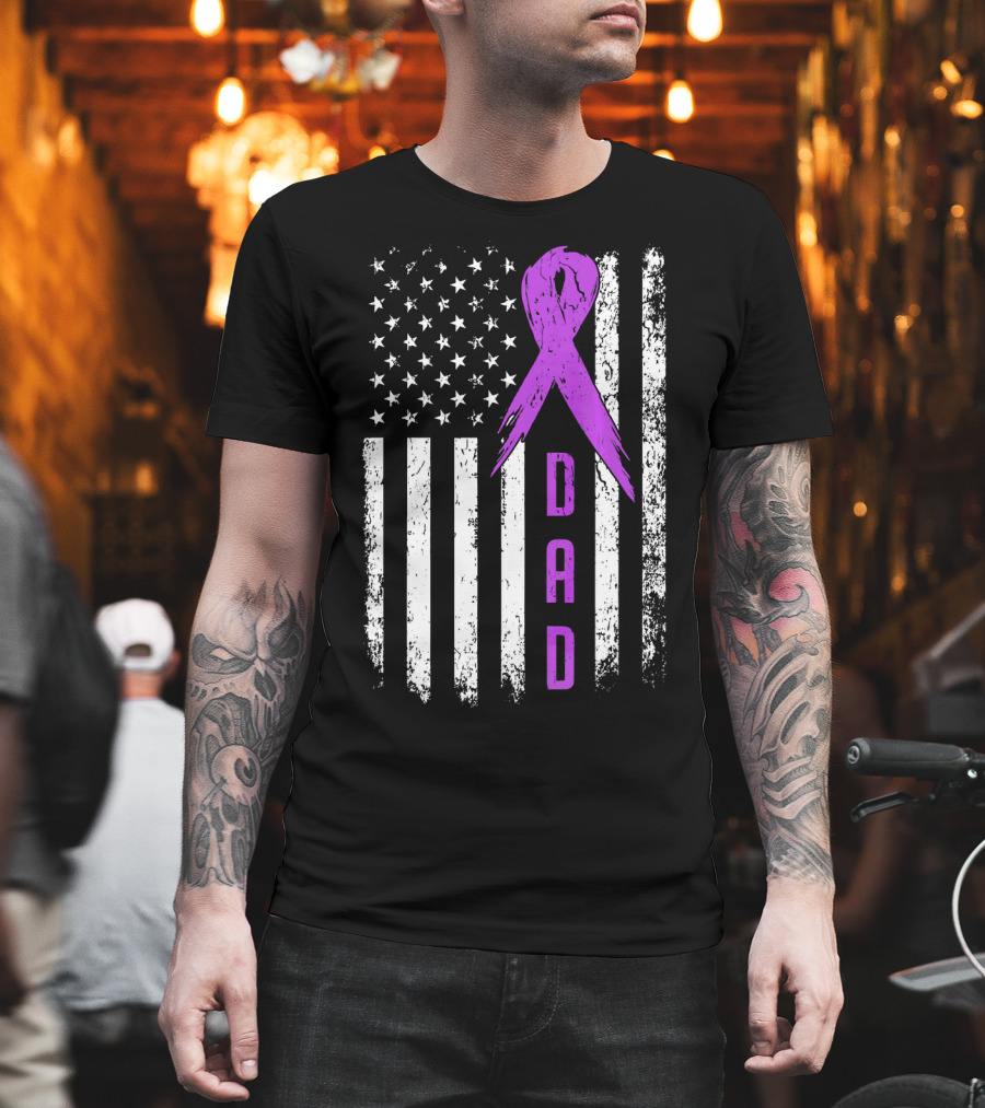 Dad American Flag Pancreatic Cancer Awareness Purple T-Shirt