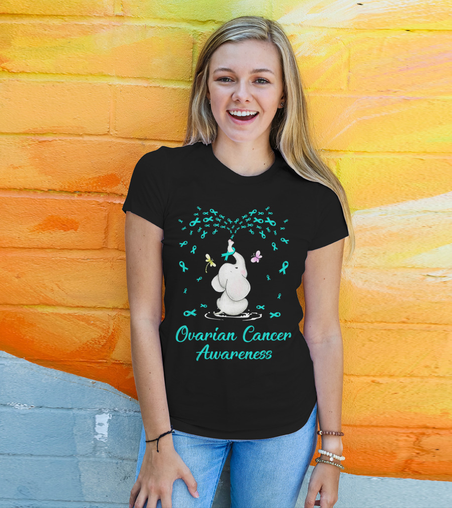 Ovarian Cancer Awareness Elephant With Ribbon And Butterflies T-Shirt