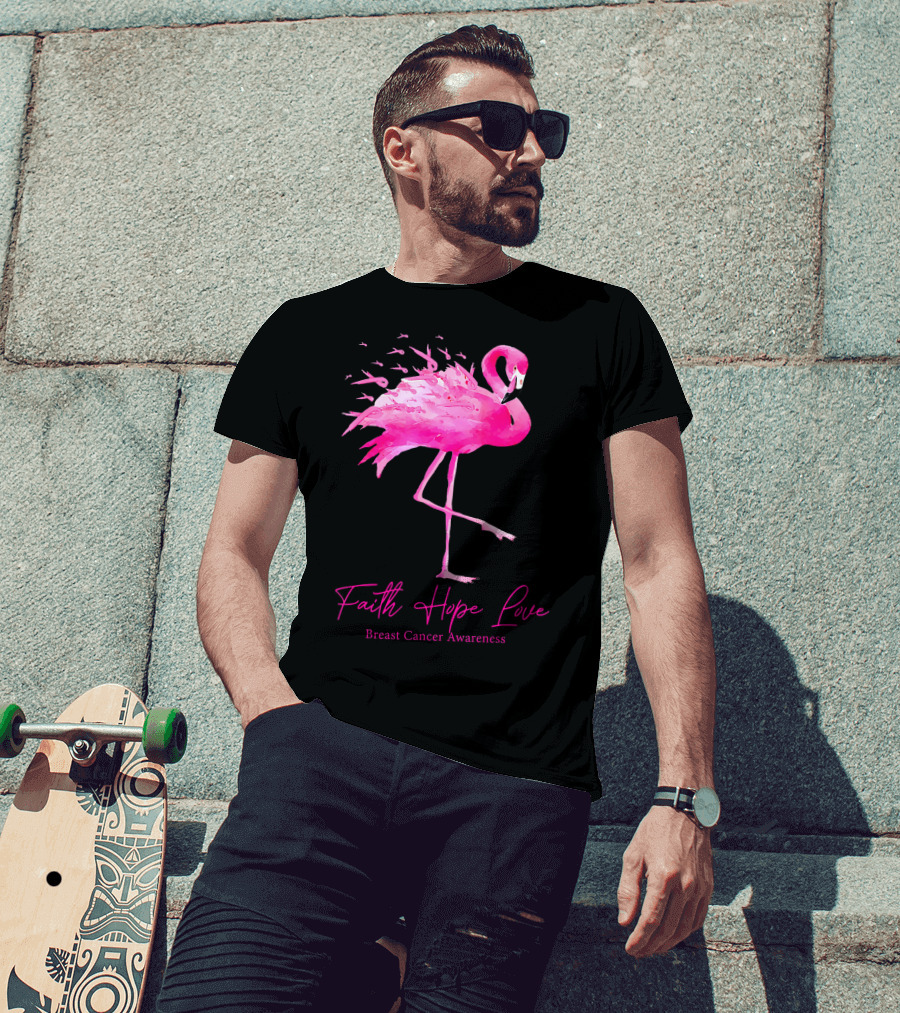 Faith Hope Love Flamingo Pink Breast Cancer Awareness T-Shirt