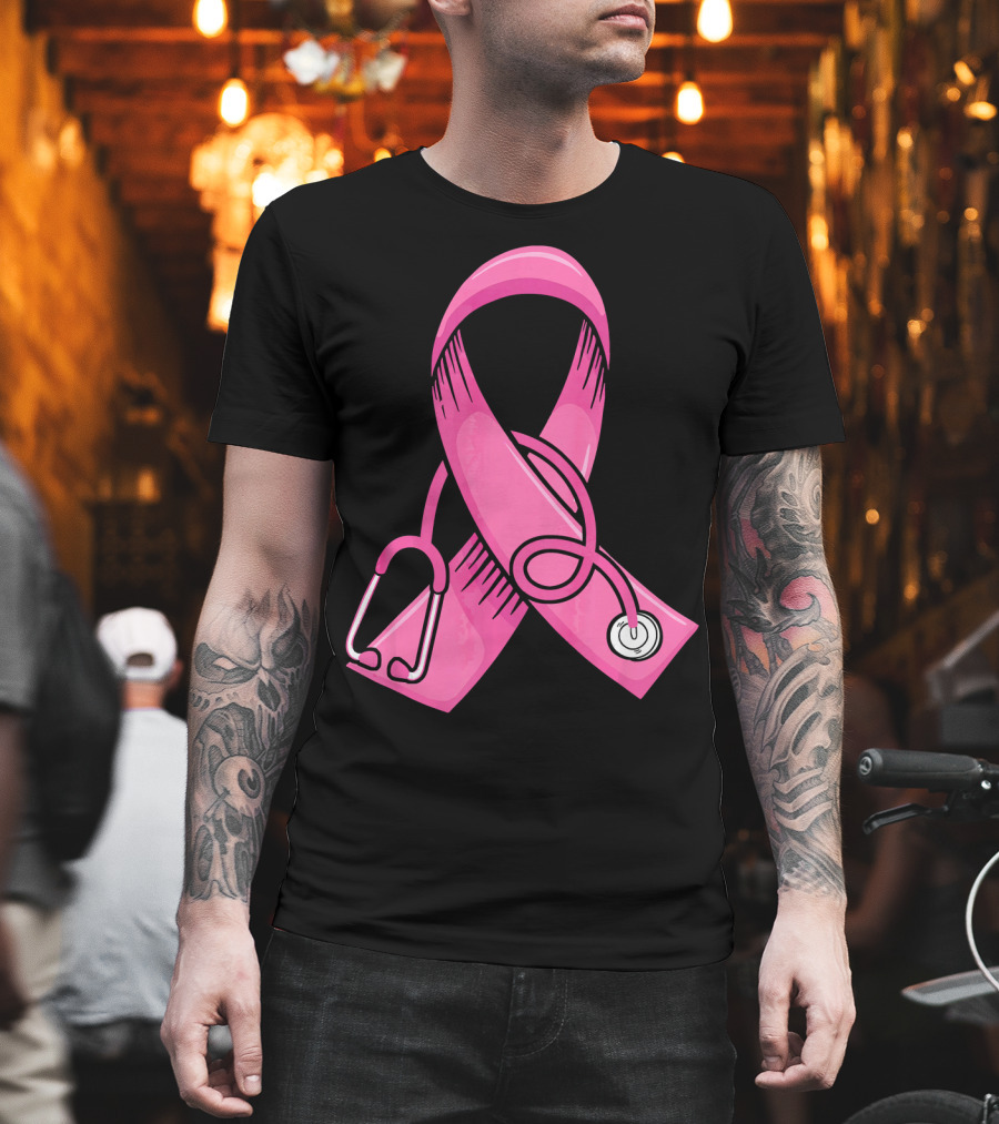 Pink Ribbon Heartbeat Nurse Doctor Breast Cancer Awareness Stethoscope T-Shirt
