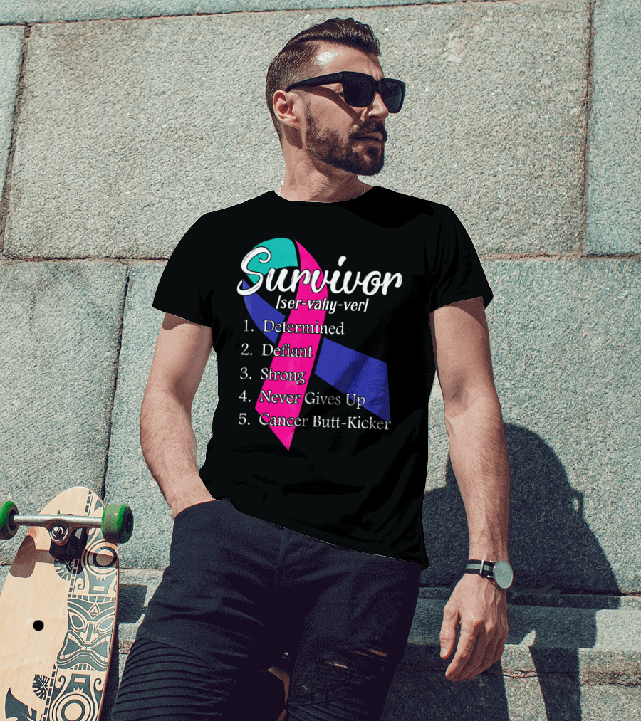 Survivor Defined: Determined, Defiant, Strong, Never Gives Up, Cancer Butt-Kicker T-Shirt
