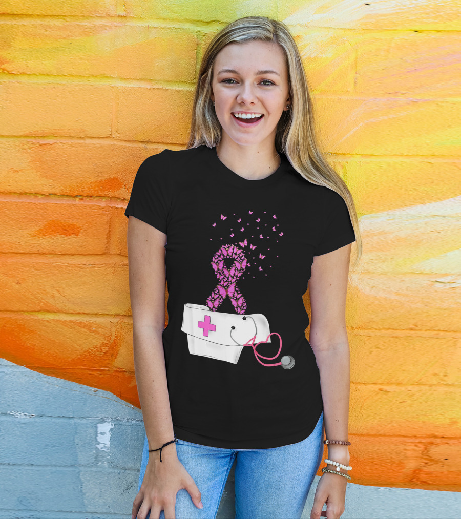 Breast Cancer Awareness Pink Butterfly Ribbon Nurse Doctor Stethoscope Hat T-Shirt