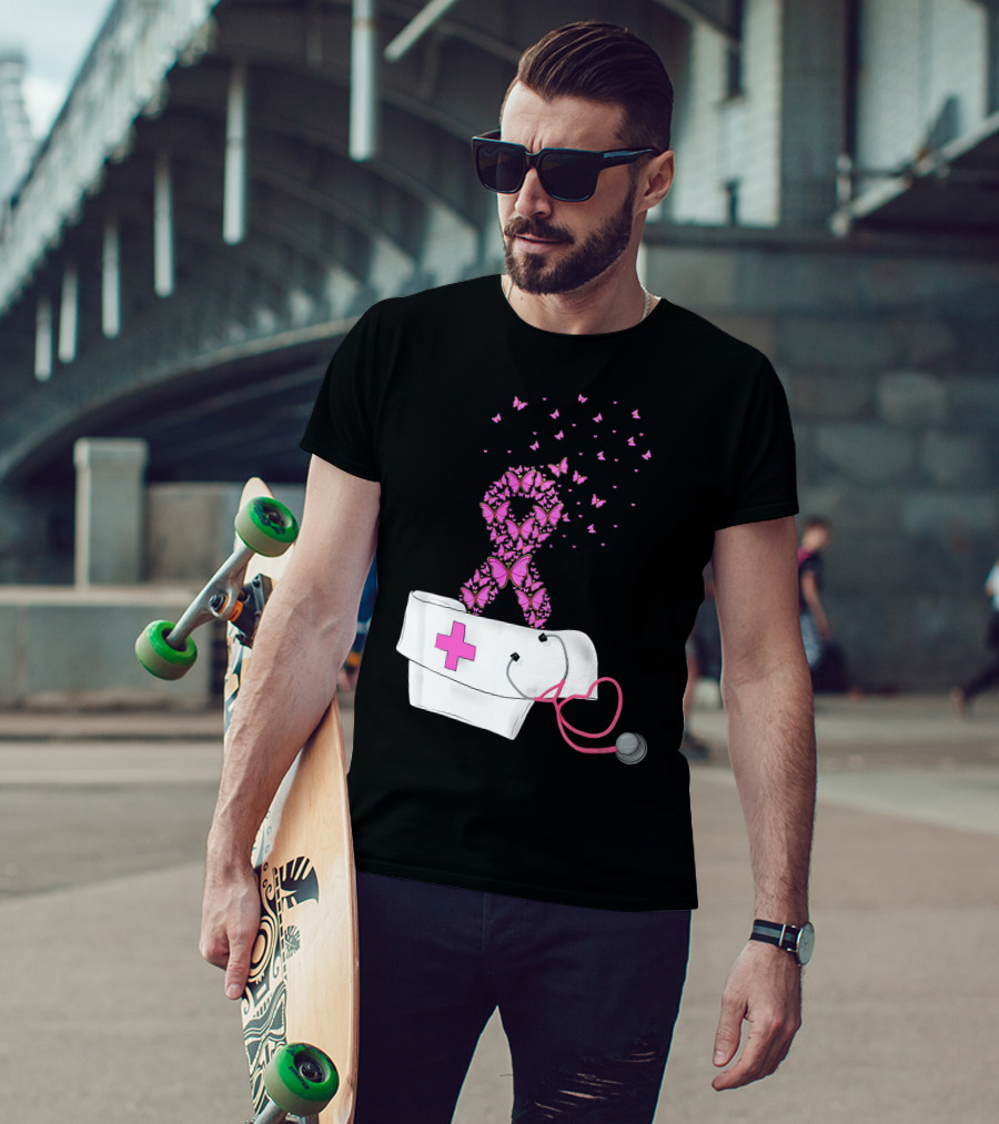 Breast Cancer Awareness Pink Butterfly Ribbon Nurse Doctor Stethoscope Hat T-Shirt