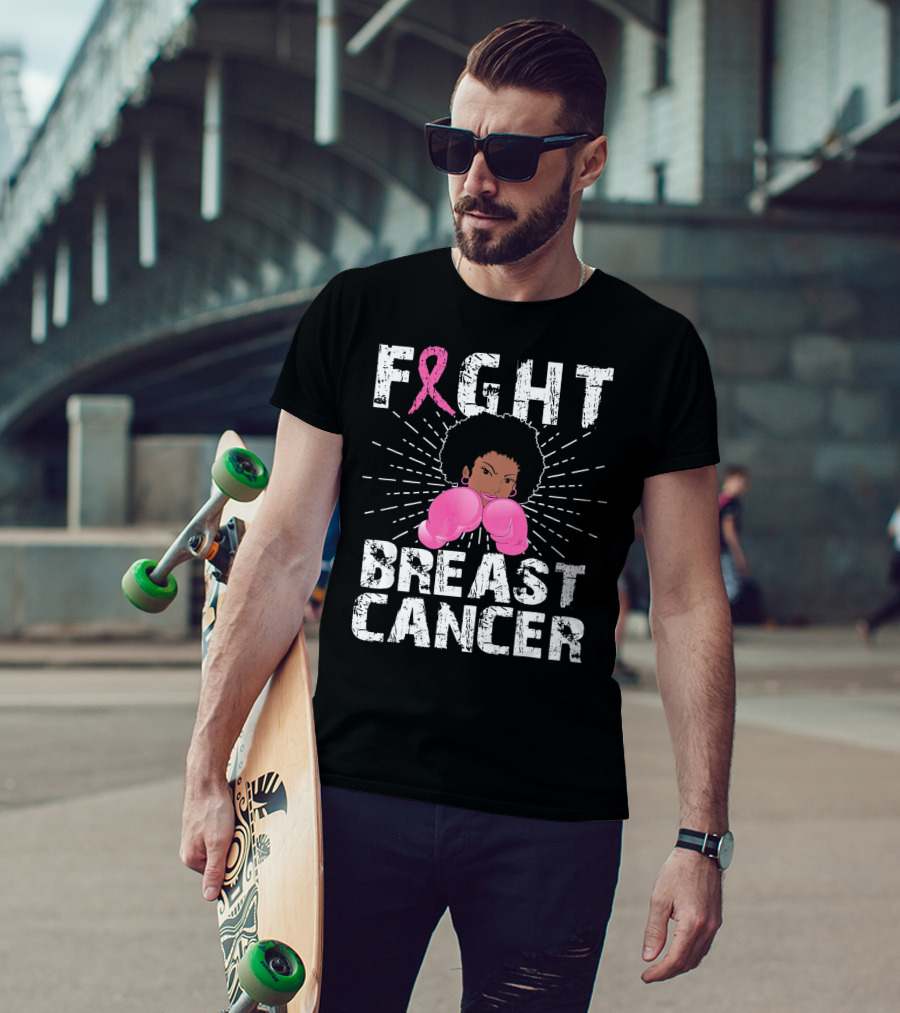 FIGHT Breast Cancer Pink Ribbon Afro Woman Boxing Gloves T-Shirt